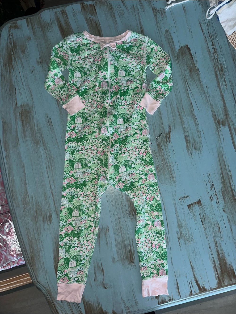 The Beaufort Bonnet Company Green Floral Zip Footie Pajamas with Pink Trim